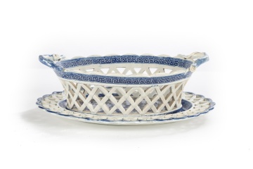 Spode Blue Transfer Printed Fruit Basket and Stand