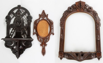 (2) Masonic Carved Picture Frames and Carved Masonic Shelf