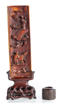 Chinese Carved Bone Plaque and Hardwood Archer's Ring