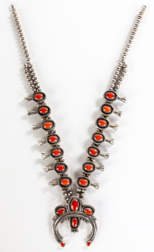 Natural Red Coral Sterling Silver Squash Blossom Necklace