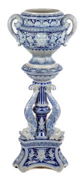 Monumental German Salt Glazed Stoneware Urn & Pedestal