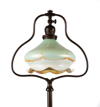 Attributed to Quezal Art Glass Shade on Handel Bronze Floor Lamp