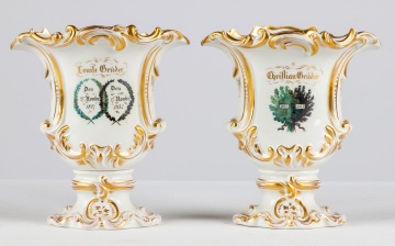 Pair of German/Russian Porcelain Hand Painted and Gilded Vases