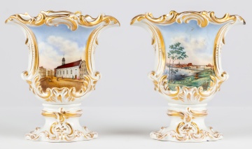 Pair of German/Russian Porcelain Hand Painted and Gilded Vases