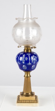 Boston and Sandwich Glass Company Blue Overlay Oil Lamp