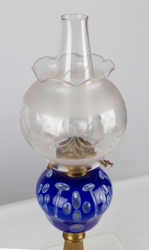 Boston and Sandwich Glass Company Blue Overlay Oil Lamp