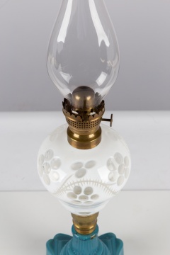 White Overlay & Cyan Glass Oil Lamp