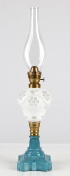 White Overlay & Cyan Glass Oil Lamp