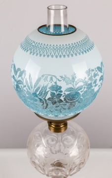 Notched Bulls Eye & Light Blue Overlay Oil Lamp with Overlay & Etched Shade
