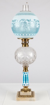Notched Bulls Eye & Light Blue Overlay Oil Lamp with Overlay & Etched Shade