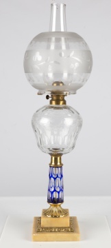 Boston & Sandwich Glass Co. Clear Glass and Blue Overlay Oil Lamp