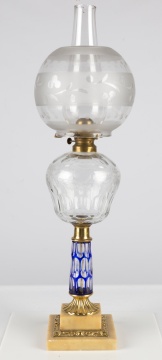 Boston & Sandwich Glass Co. Clear Glass and Blue Overlay Oil Lamp