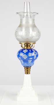 Boston and Sandwich Glass Company Blue Overlay Oil Lamp