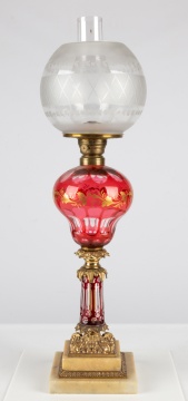 Boston and Sandwich Glass Company Cranberry Overlay Oil Lamp