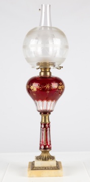 Cranberry Cut and Stained Oil Lamp