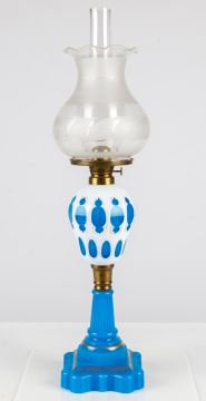 White Cut to Blue Overlay Oil Lamp