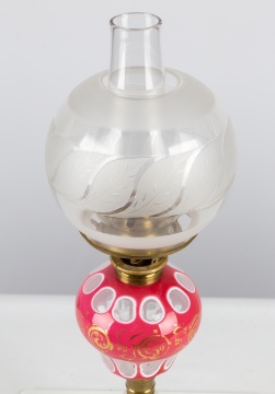 Pink Overlay & Opaline Oil Lamp