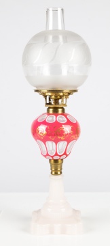 Pink Overlay & Opaline Oil Lamp