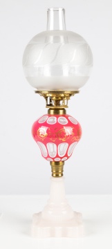 Pink Overlay & Opaline Oil Lamp