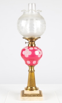 Boston and Sandwich Co. Pink / Opaline Overlay Oil Lamp