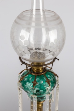 Attributed to Boston & Sandwich Glass Co. Tall Green Overlay Oil Lamp