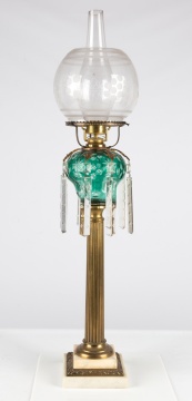 Attributed to Boston & Sandwich Glass Co. Tall Green Overlay Oil Lamp