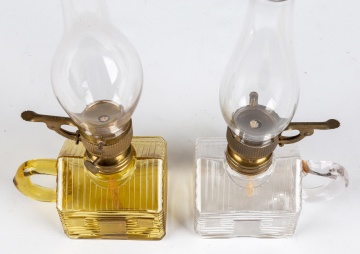 (2) Atterbury, Log Cabin Finger Oil Lamps