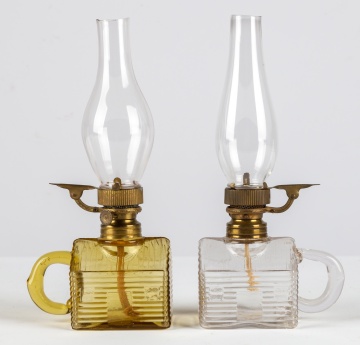 (2) Atterbury, Log Cabin Finger Oil Lamps