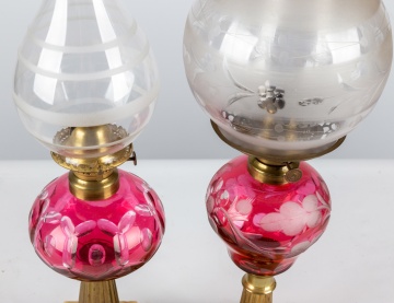 (2) Cranberry Overlay Oil Lamps