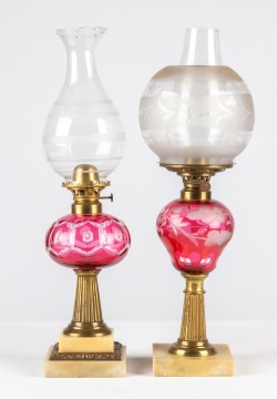 (2) Cranberry Overlay Oil Lamps