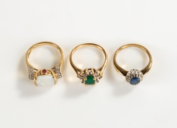(3) Lady's 14K Gold, Diamond, Opal, Sapphire and Emerald Rings