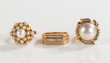(3) Gold Pearl & Diamond Rings