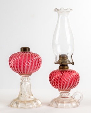 (2) 19th Century Pink & Opalescent Swirl Oil Lamps