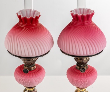 (2) 19th Century Pink Satin Peg Lamps