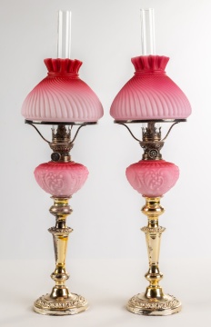 (2) 19th Century Pink Satin Peg Lamps