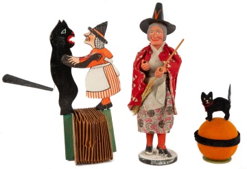 German Paper Mache, Wood and Cloth Halloween Witch Candy Container and Squeak Toy