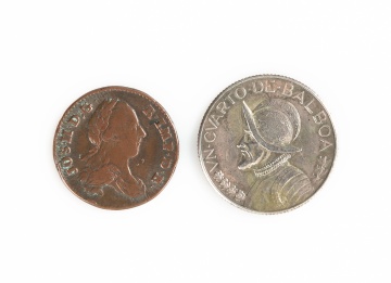 1932 Panama 1/4 Balboa Silver Coin & 1789 Joseph II Liard Copper Coin & Roman Coin