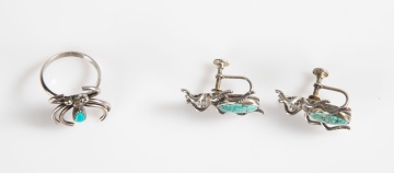 Silver & Turquoise Spider Ring & Beetle Earrings