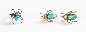 Silver & Turquoise Spider Ring & Beetle Earrings