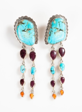 M. J. Garcia Sterling Silver, Turquoise & Coral Earrings
