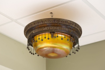 Brass Moorish Ceiling Light with Quezal Shade