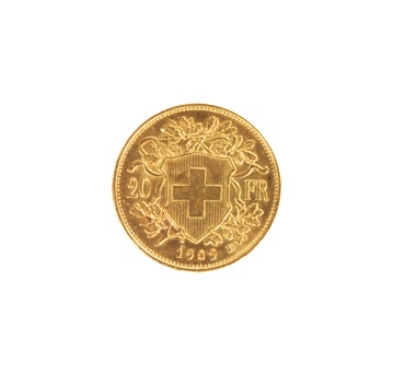 1909 20 Francs Swiss Helvetia Gold Coin