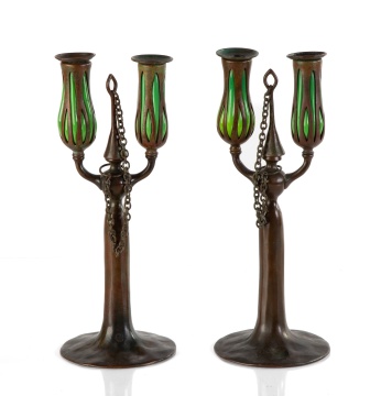 Tiffany Studios, Pair of Blown-Out Candlesticks