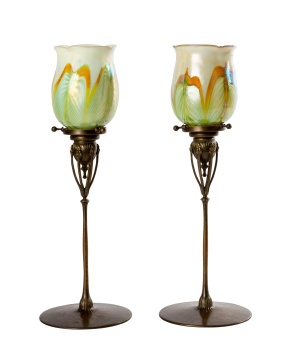 Tiffany Studios Candlesticks with Pulled Feather  Shades