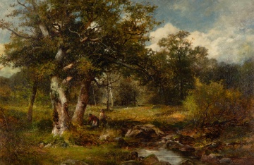 David Bates (British, 1840-1921) Gathering Limbs  Near a Stream