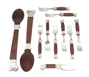 Hector Aguilar Mexican Sterling and Rosewood  "Aztec" Flatware & Serving Pieces