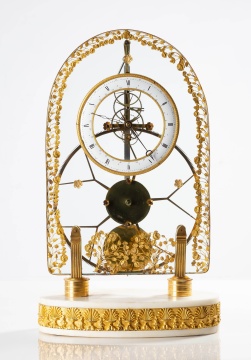 Fine French Empire Glass-Plated Skeleton Timepiece of Long Duration with Calendar