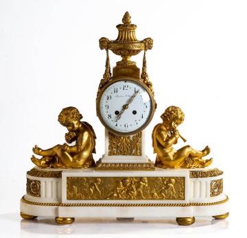 Large French Empire Ormolu & Marble with Putti Mantle Clock