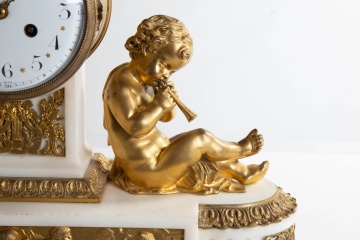 Large French Empire Ormolu & Marble with Putti Mantle Clock
