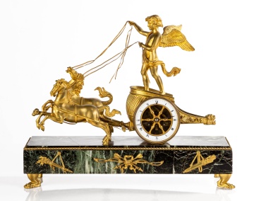 French Empire Ormolu Cupid’s Chariot Mantel Clock